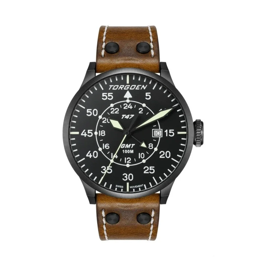 NWT Torgoen T47 Jumbo Black Sapphire‎ GMT 47mm, Brown Leather Strap Retail $325